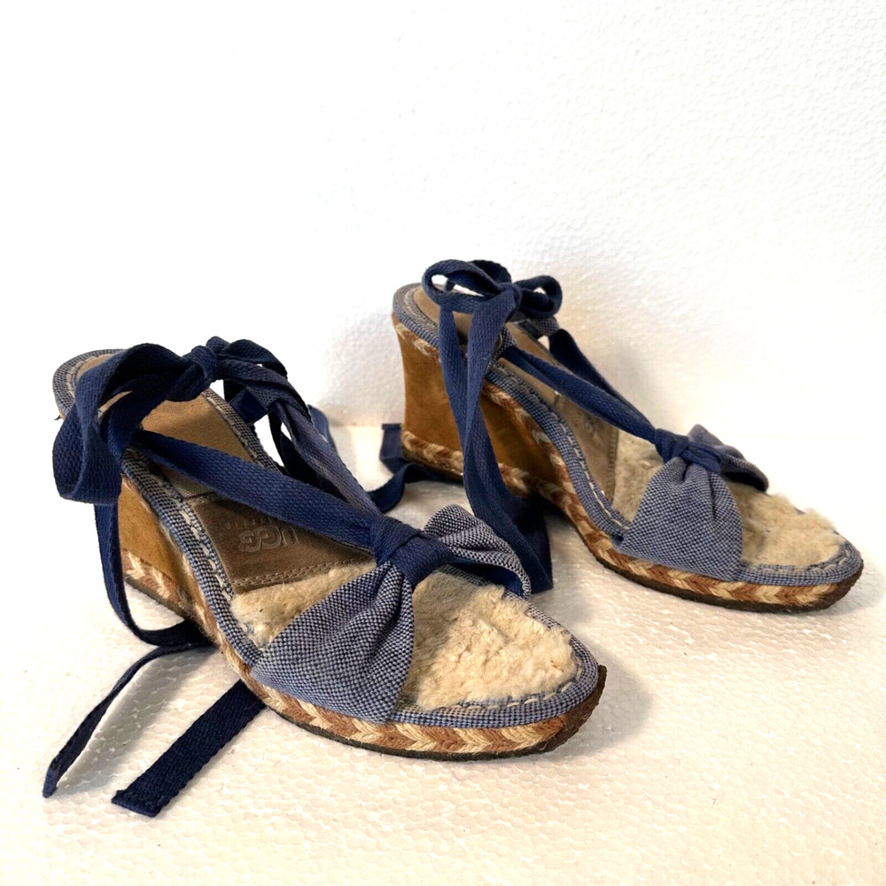 UGG Australia Amelie Blue Espadrille Shearling Wedge Sandal Women's 8 Ankle Tie